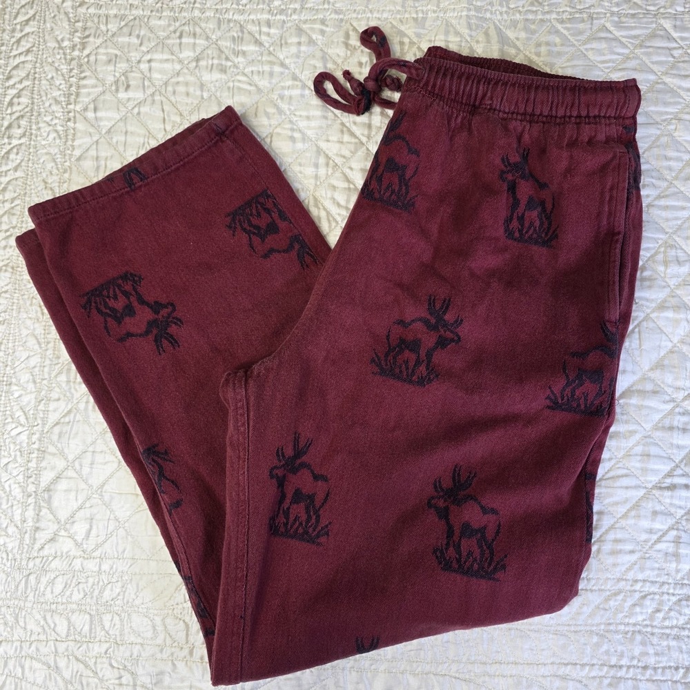 Woolrich Flannel Pajama Pants Mens Medium‎ Moose Cotton Burgundy Red Cabincore